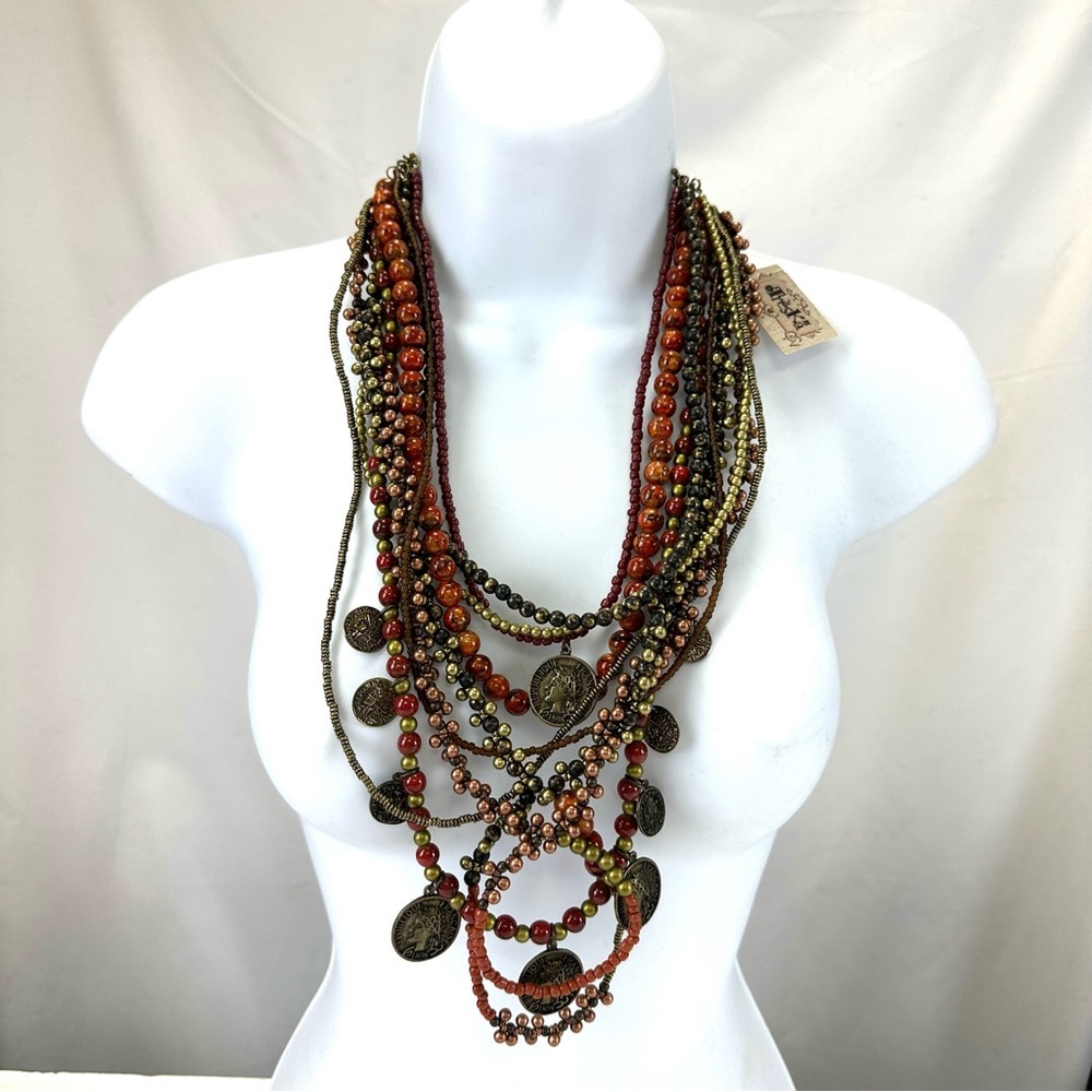 Treska Timbuktu NEW necklace multi strand copper gold rust olive mix chunky